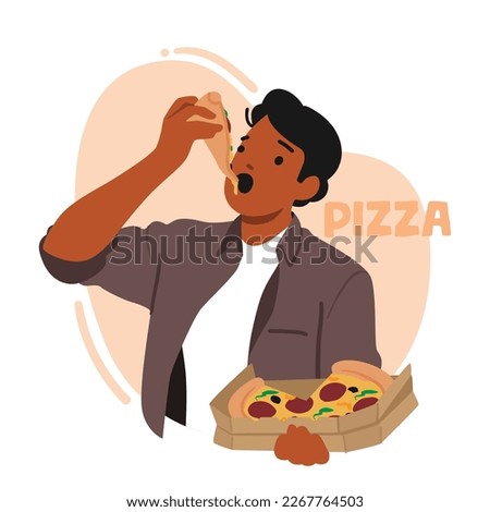 Man Enjoying Delicious Slice Of Pizza, With Melted Cheese And Savory Toppings. Male Character in Pizza Restaurant, Food Delivery Services, Or Snack Food Products. Cartoon People Vector Illustration