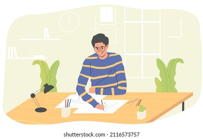 
a man enjoying drawing happily on paper in the house, a fun quarantine activity, routine activity in the morning. flat design concept isolated on white background
