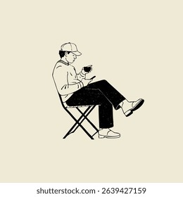 Man enjoying and drinking a coffee while sitting at a coffee shop, vector illustration 