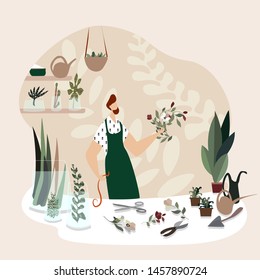 Man enjoying gardening and floristics. Floral boutique design, man merchandising and displays plants in a store, successful small business. Colorful vector illustration in flat cartoon style