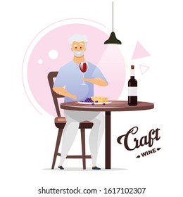 Man enjoying glass of wine flat color vector illustration. Winemaking, vinification. Winemaker with glassful. Male character drinking alcohol beverage. Isolated cartoon character on white