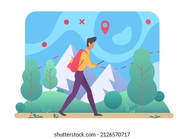 Man enjoying hiking and climbing healthy activity. Trekking active trails of walking leisure time