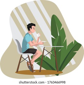 A man enjoying his coffee at home illustration
