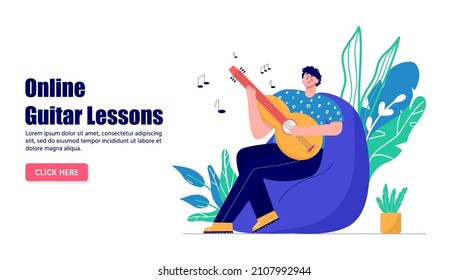 Man enjoying his hobbies, work, leisure. People playing, learning gitar. Musician practice on couch. Vector illustration in flat cartoon style, landing page