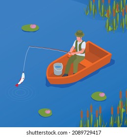 Man enjoying his hobby fishing with rod on river or pond 3d isometric vector illustration