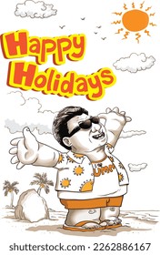 Man enjoying his holidays. Laughing with joy, a man spreads his arms wide as he relaxes on the beach during his vacation. 