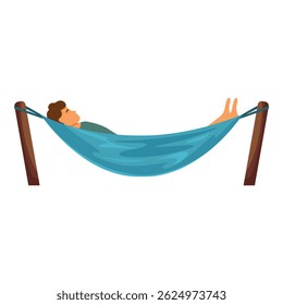 Man is enjoying his summer vacation, lying on a hammock between two palm trees
