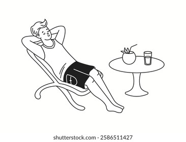 A man enjoying his vacation, lying on a lounge chair with a coconut drink beside him, relaxing and soaking up the summer sun in a doodle-style illustration.