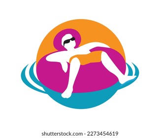 Man Enjoying Holiday by Relaxing in the Pool with Lifebuoy. Visualized with Simple Illustration