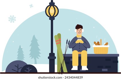 Man enjoying hot food in winter