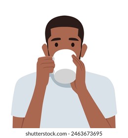 Man enjoying hot tart coffee drink after waking up in morning. Flat vector illustration isolated on white background