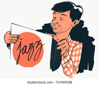 Man enjoying a jazz vinyl record vintage vector cartoon