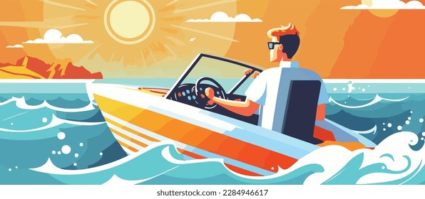 Hombre disfrutando de un ligero día de verano en una lancha motora con el sol brillando y las olas salpicando alrededor. Concepto de ilustración de deportes acuáticos de verano con vectores planos. Vacaciones libres de gadgets