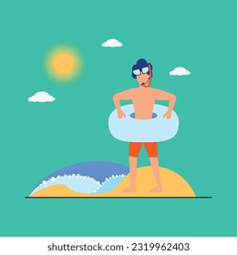 Man enjoying on beach with swimming tube illustration