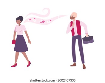 Man enjoying perfume fragrance of woman walking by flat vector illustration
