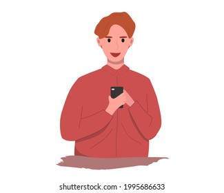 hombre disfrutando jugando con smartphone, ilustración vectorial.
