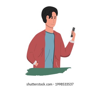 hombre disfrutando jugando con smartphone, ilustración vectorial.