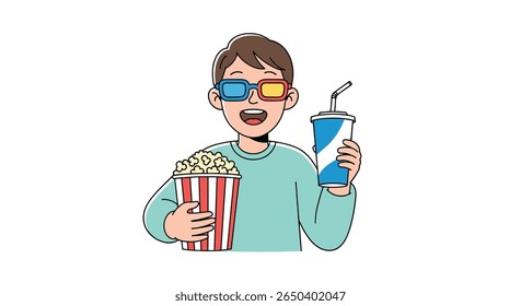 Man enjoying popcorn and soda while watching movie in 3d glasses