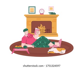 Man enjoying reading in living room with fireplace interior, vector illustration in sketch cartoon style isolated on a white background. Home leisure and hobby.