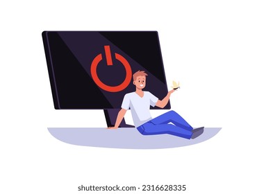 Man enjoying real life during digital detox, flat vector illustration isolated on white background. Person turning off computer. Happy character with butterfly.