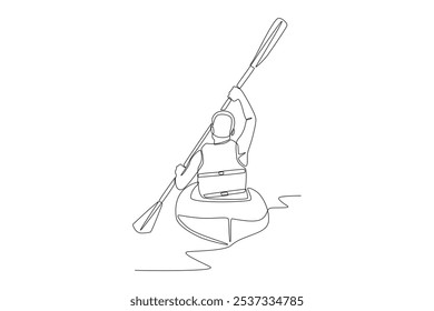 Man enjoying river with kayak. Kayak concept one-line drawing