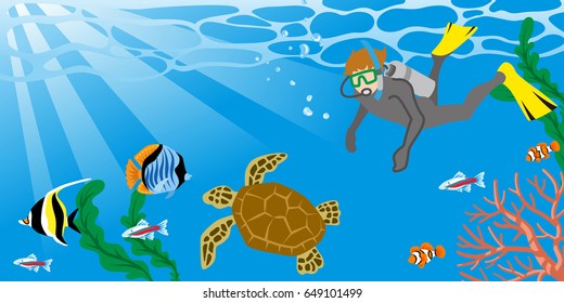 Man enjoying Scuba Diving with Sea turtle