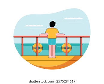 Man enjoying sea view on ship, alone traveling. Character design. Vector flat illustration
