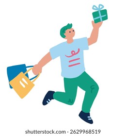 A man enjoying shopping. Colorful and flat hand-drawn illustration