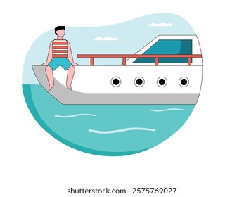 Man enjoying sitting on yacht while looking at sea view, solo trip. Character design. Vector flat illustration