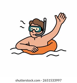 Homem curtindo snorkeling com óculos de natação e um carro alegórico laranja. Ideal para praia, natação, esportes aquáticos e conteúdo de férias de verão.