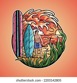 man enjoying summer sunset, while holding his surfboard. 