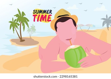 Man enjoying summer time in a beach eating coconut. Beach illustration vector