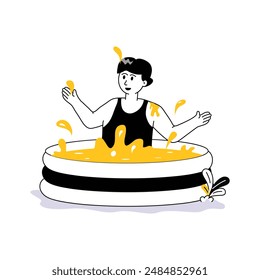 Un hombre disfrutando de la natación en la piscina inflable, listo para usar ilustración
