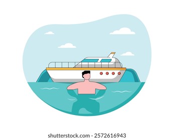 Man enjoying swimming in the sea during vacation using yacht. Character design. Vector flat illustration