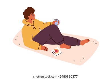 Man enjoying tea and biscuits. Happy guy relaxing with sweet cookies and coffee cup. Male chilling at home, eating and drinking at leisure. Flat vector illustration isolated on white background