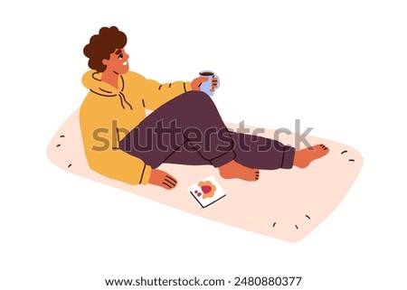 Man enjoying tea and biscuits. Happy guy relaxing with sweet cookies and coffee cup. Male chilling at home, eating and drinking at leisure. Flat vector illustration isolated on white background
