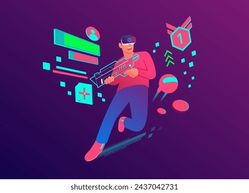 Hombre disfrutando de la experiencia de juego virtual, Juego de disparos de realidad virtual, Tecnología moderna para la actividad de ocio