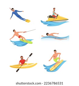 Man Enjoying Water Sport Activity Swimming, Diving with Snorkeling Tube, Sailing Boat and Surfboarding Vector Set