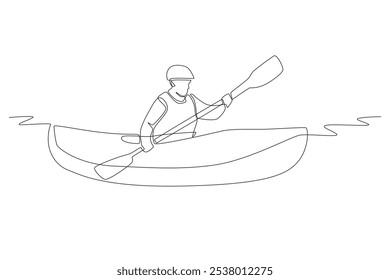 Homem curtindo rafting. Projeto de rafting em rio desenho de uma linha