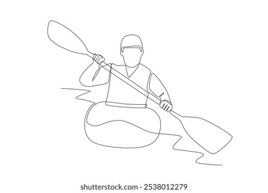 Homem curtindo rafting. Projeto de rafting em rio desenho de uma linha