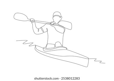 Homem curtindo rafting. Projeto de rafting em rio desenho de uma linha