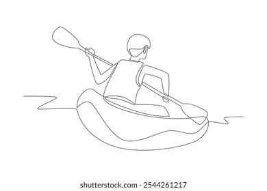 Homem curtindo rafting. Projeto de rafting em rio desenho de uma linha