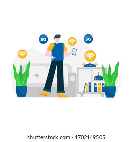 Man enjoys 5g communication service for cellphones and computers. Vector illustration, suitable for landing page, ui, website, mobile app, editorial, poster, flyer, article, and banner