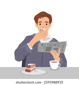 Man enjoys breakfast while reading the newspaper, savoring a bite of cake alongside a cup of coffee. Flat vector illustration isolated on white background
