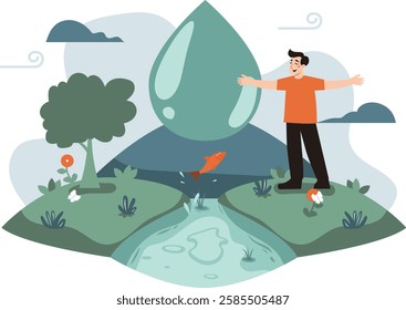 A man enjoys healthy nature. with a colorful flat design concept. to encourage environmental protection.