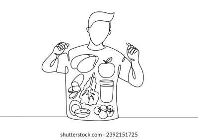 A man enjoys his fasting day. Take care of your health by giving up junk food for a day. Vector illustration. Images produced without the use of any form of AI software at any stage. 