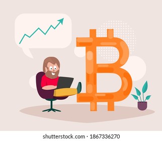 The man enjoys the increase in prices Bitcoin. Financial concept. Vector illustration.