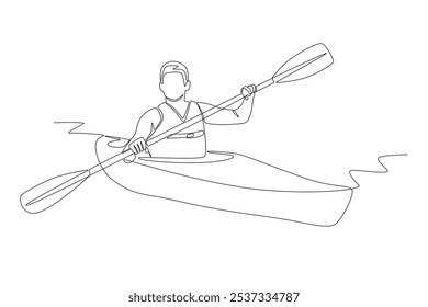 Man enjoys kayaking on the river. Kayak concept one-line drawing