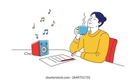Man enjoys listening to music and drinking coffee while working at his desk surrounded by a clean white background and simple line art