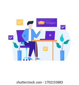 Man enjoys a online learning course to add new skills, vector illustration, suitable for landing page, ui, website, mobile app, editorial, poster, flyer, article, and banner